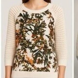 Club Monaco Cream Floral Crochet-Sleeve Crewneck Sweater
